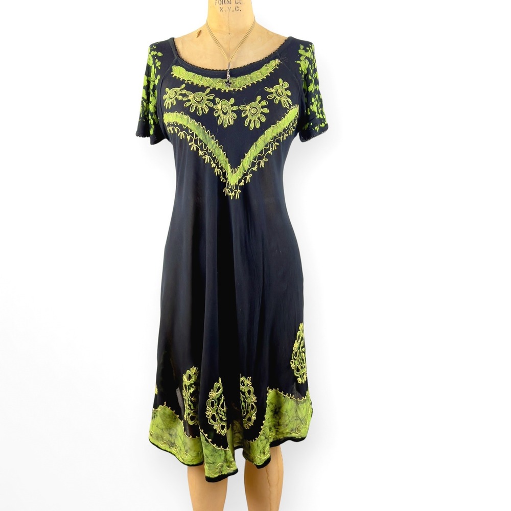 90s Embroidered‎ Batik Midi Dress Umbrella Hem Cap Sleeve Rayon Hippie S M L XL